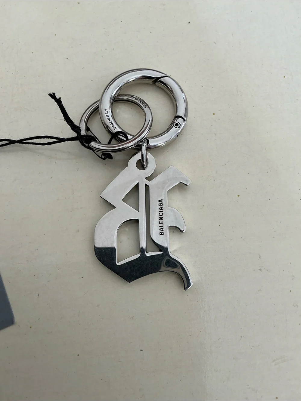 BALENCIAGA MELROSE B LOGO KEYCHAIN KEY RING FOB IN ANTIQUE SILVER - Picture 8 of 15